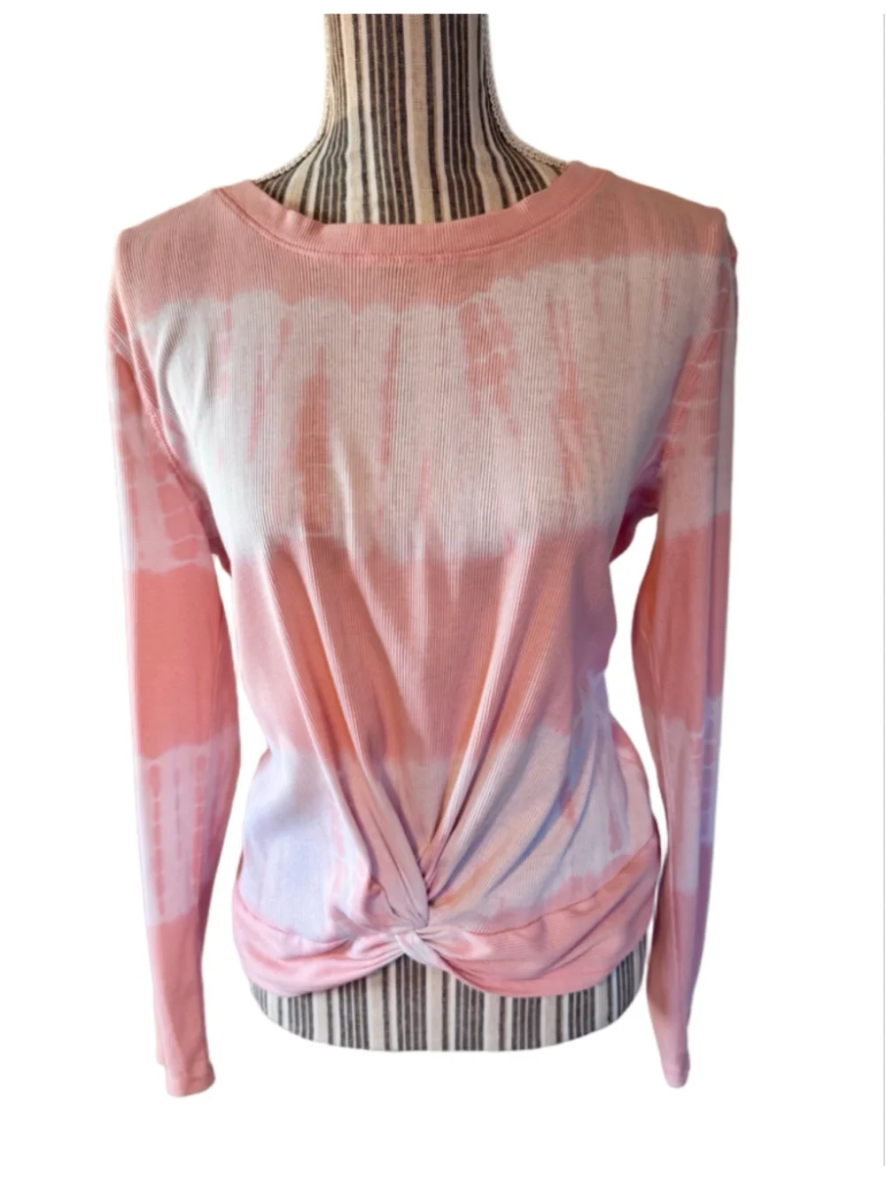 Justice 14-16 Long Sleeve Tie-Front Ribbed Tee, Peach-Pink and White
